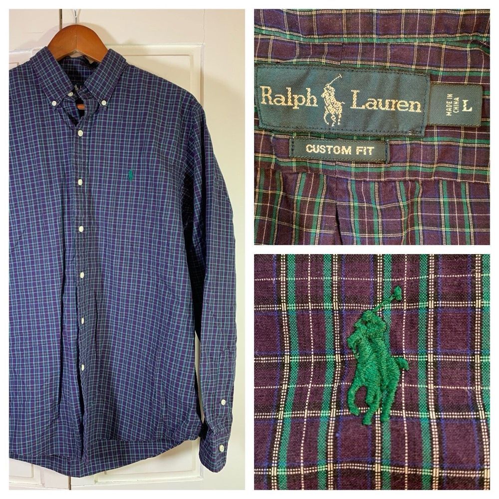 Ralph Lauren Custom Fit Shirt‎ Mens Large Purple Green Pony Plaid Preppy Office
